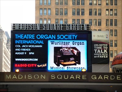 Click here to download a 1557 x 1175 JPG image showing the marquee at Madison Square Garden advertising Jack Meolmann and Friends at the 4/58 Mighty WurliTzer Theatre Pipe Organ installed at Radio City Music Hall in New York City.